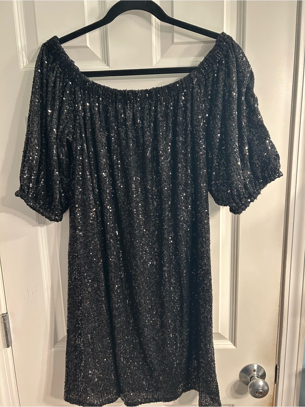 VENUS Black Sequin Off-Shoulder Mini Dress
